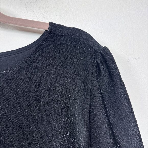 (T4) NWT ANN TAYLOR NWT Metallic Fringe Tweed Black Gold 3/4 Sleeve Top, Sz L - Picture 6 of 12